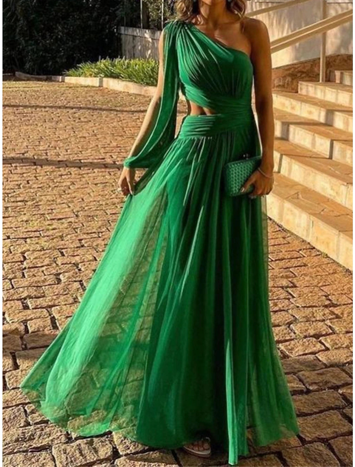 Vestido de fiesta para mujer, vestido con cortes, vestido largo, vestido maxi, verde, manga larga, color puro, sin espalda, primavera, otoño e invierno, un hombro, moda, cumpleaños, fiesta de noche, invitada de boda